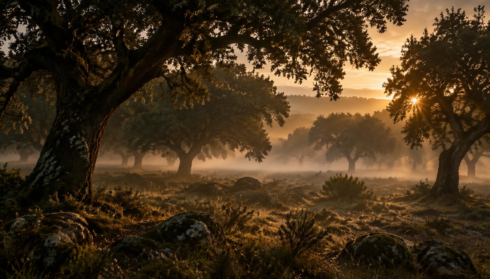 Dehesa española al amanecer entre la niebla